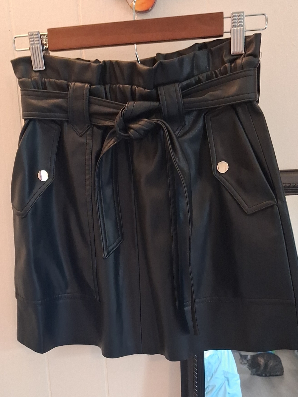 Zara Faux Leather Belted Paperbag Waist Mini Skirt - Black
